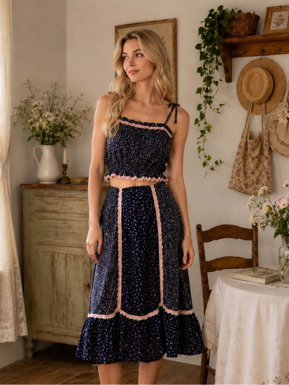 Vintage Cottagecore Floral Two-Piece Set Crop Top & Skirt